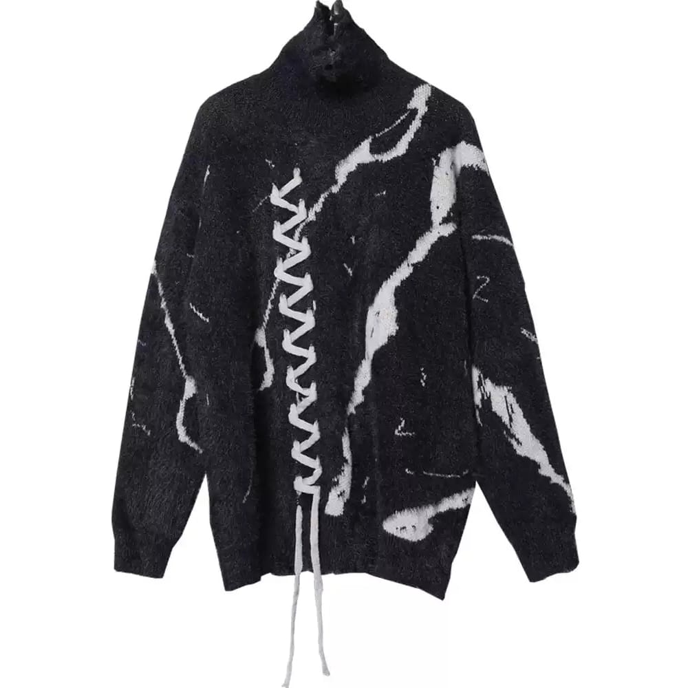 Kobine Men's Techwear Criss‑cross Lace-up High Collar Two‑Tone Sweater