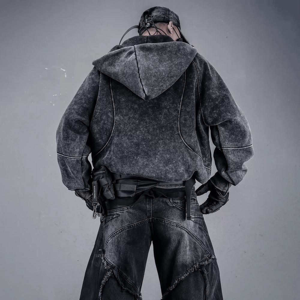 Kobine Men's Techwear Distressed Asymmetrical Placket Zip-Up Hooded Jacket