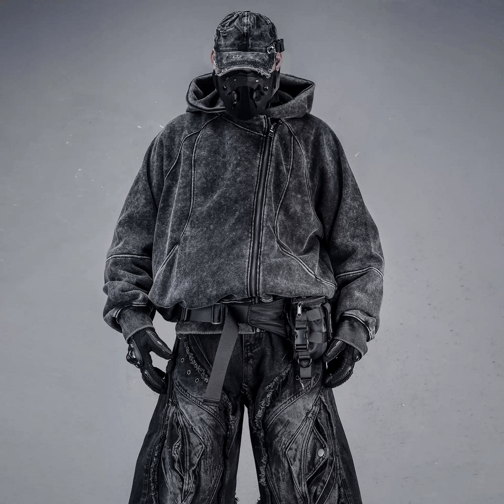 Kobine Men's Techwear Distressed Asymmetrical Placket Zip-Up Hooded Jacket