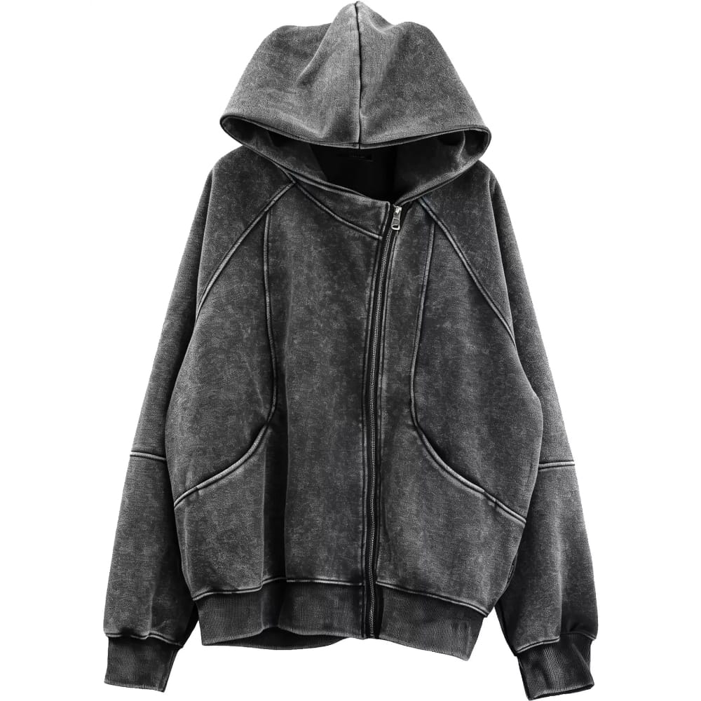 Kobine Men's Techwear Distressed Asymmetrical Placket Zip-Up Hooded Jacket