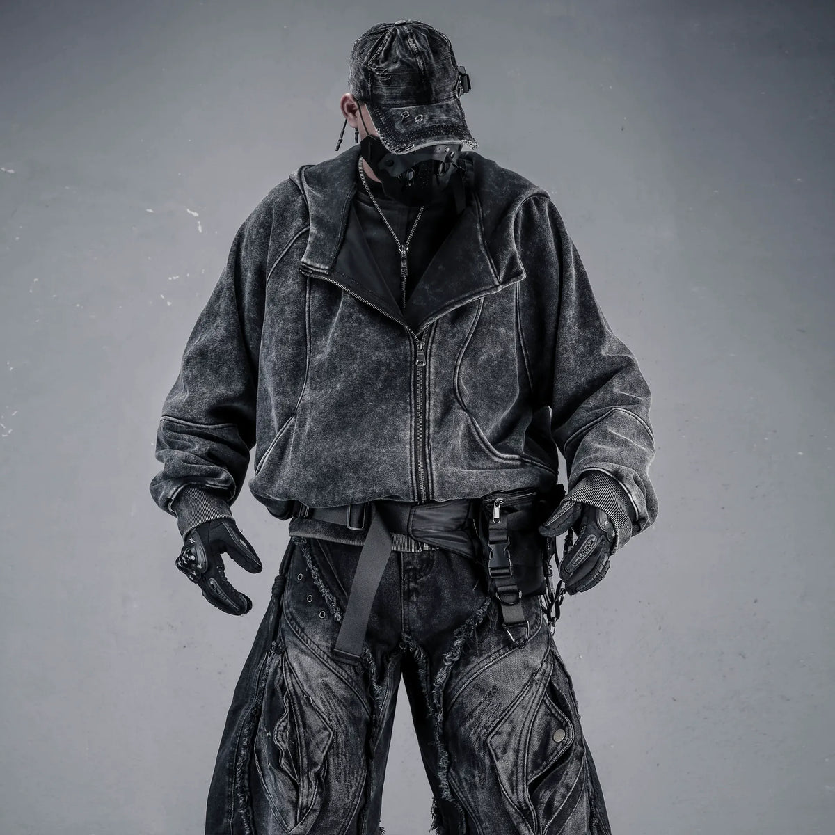 Kobine Men's Techwear Distressed Asymmetrical Placket Zip-Up Hooded Jacket