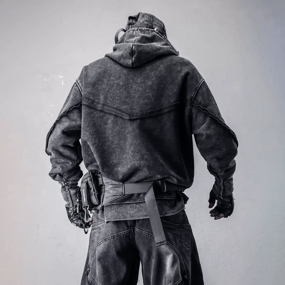 Kobine Men's Techwear Distressed Diagonal Placket Hooded Jacket