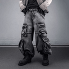 Kobine Men's Techwear Distressed Multi-Pockets Wide Leg Denim Cargo Pants