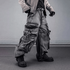 Kobine Men's Techwear Distressed Multi-Pockets Wide Leg Denim Cargo Pants