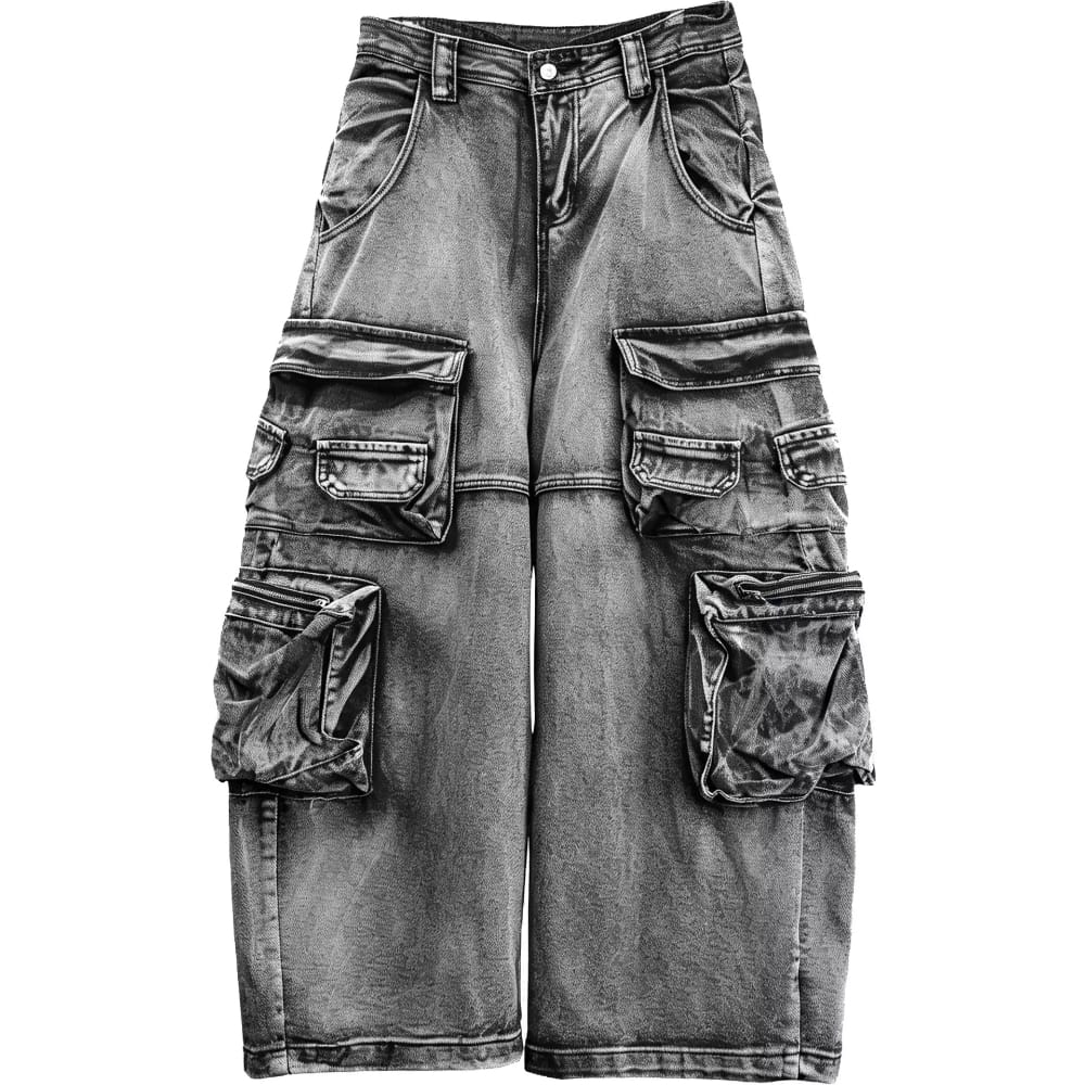 Kobine Men's Techwear Distressed Multi-Pockets Wide Leg Denim Cargo Pants