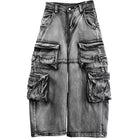 Kobine Men's Techwear Distressed Multi-Pockets Wide Leg Denim Cargo Pants
