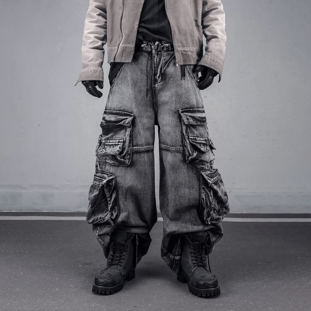 Kobine Men's Techwear Distressed Multi-Pockets Wide Leg Denim Cargo Pants