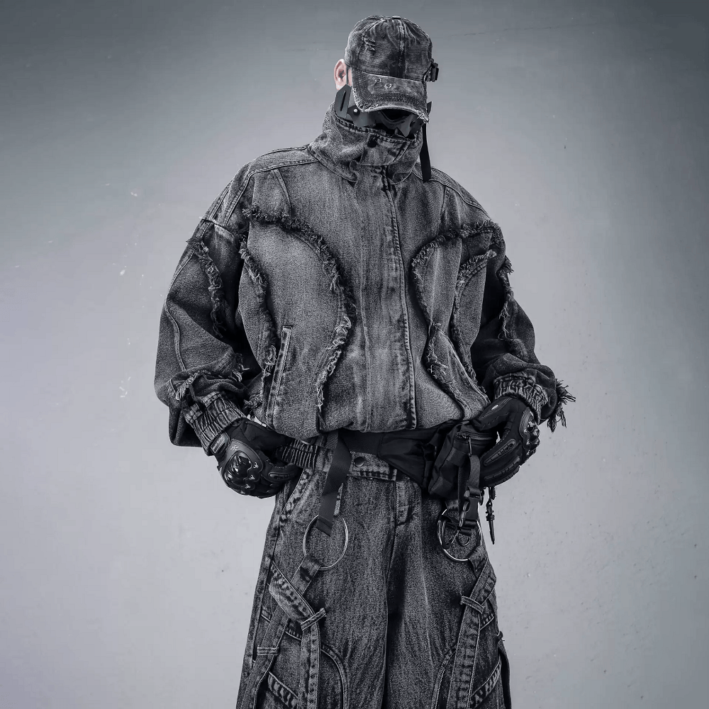 Kobine Men's Techwear Distressed Raw Edge Stand Collar Jacket
