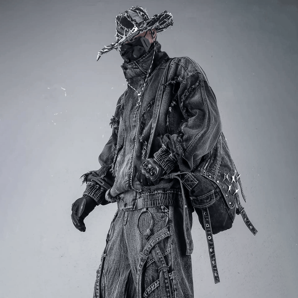 Kobine Men's Techwear Distressed Raw Edge Stand Collar Jacket