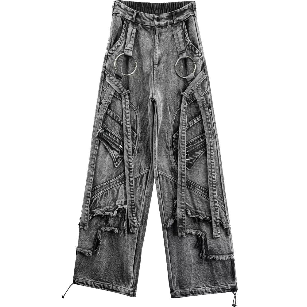 Kobine Men's Techwear Distressed Raw Edge Strappy Wide Leg Pants