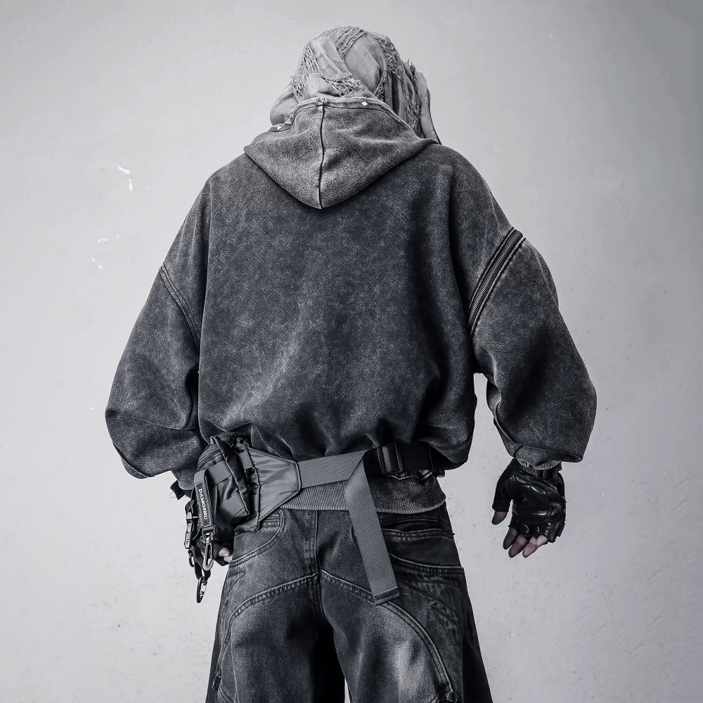 Kobine Men's Techwear Distressed Studded Zip-Up Hooded Jacket
