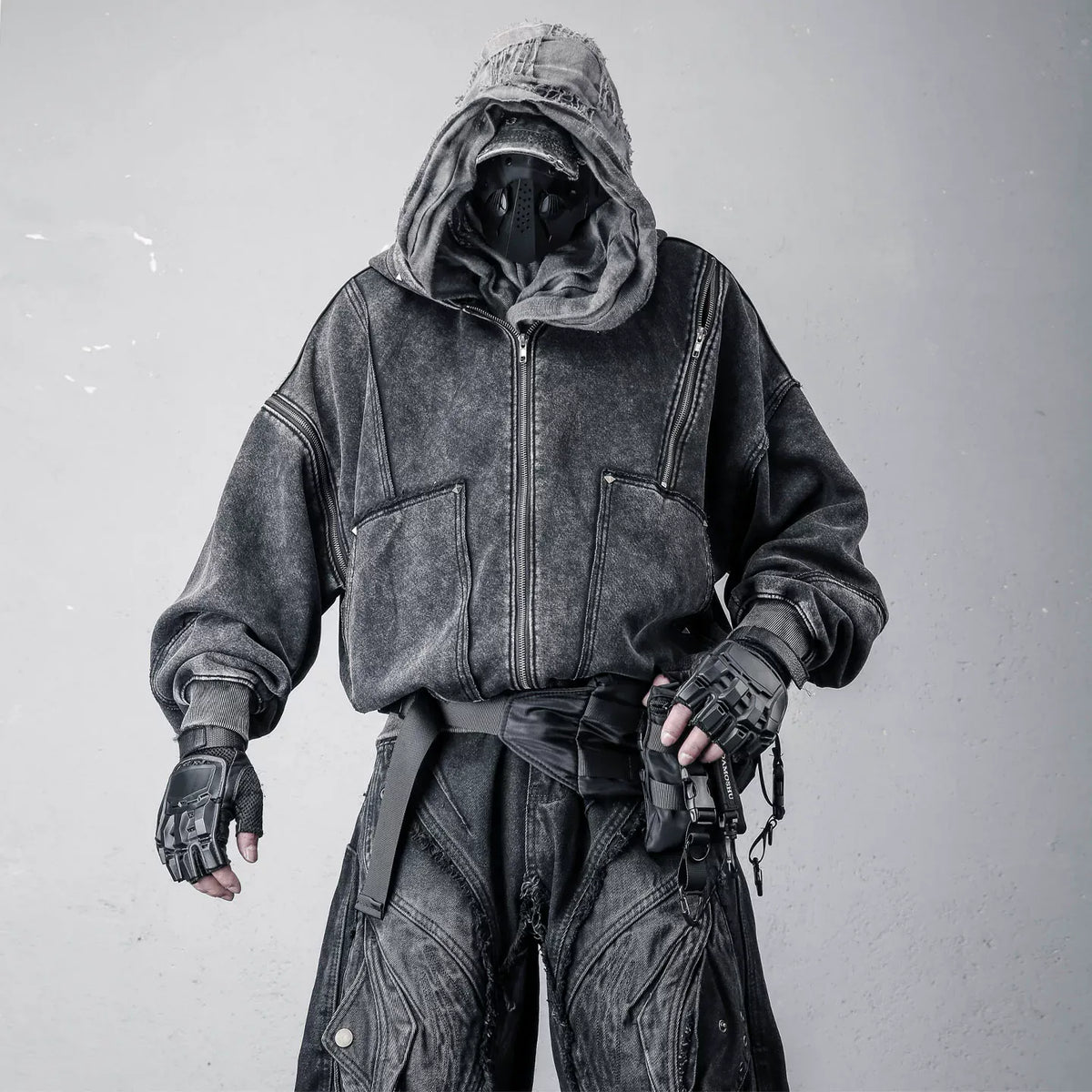 Kobine Men's Techwear Distressed Studded Zip-Up Hooded Jacket