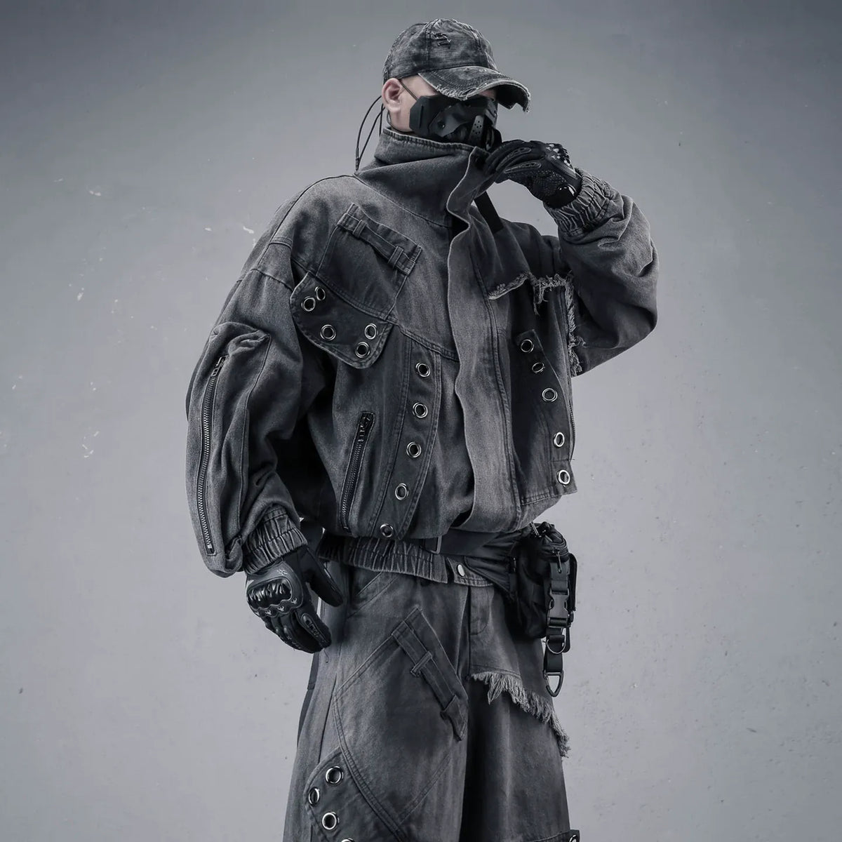 Kobine Men's Techwear Eyelet Zipper Raw Edge High Collar Jacket