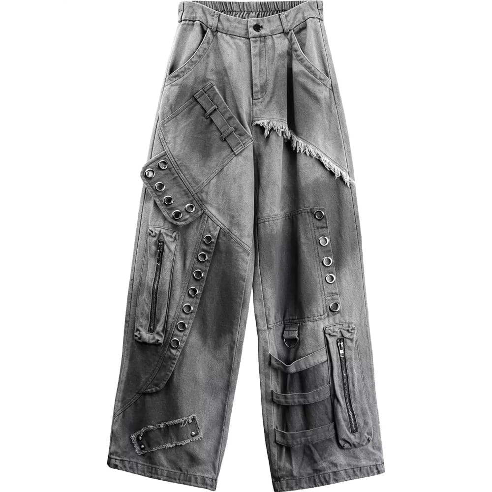 Kobine Men's Techwear Eyelet Zipper Raw Edge Wide Leg Pants