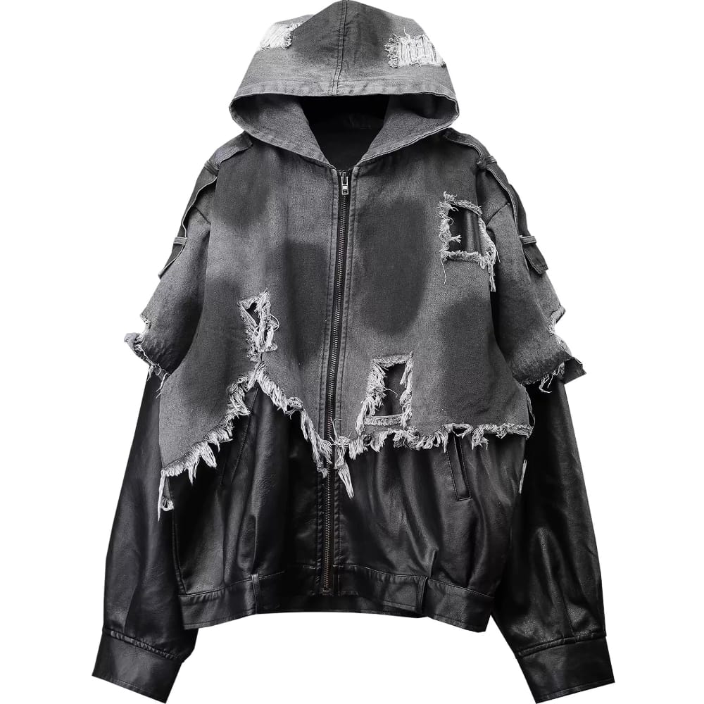 Kobine Men's Techwear Frayed Raw-Edge Patchwork Hooded Jacket