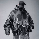 Kobine Men's Techwear Frayed Raw-Edge Patchwork Hooded Jacket