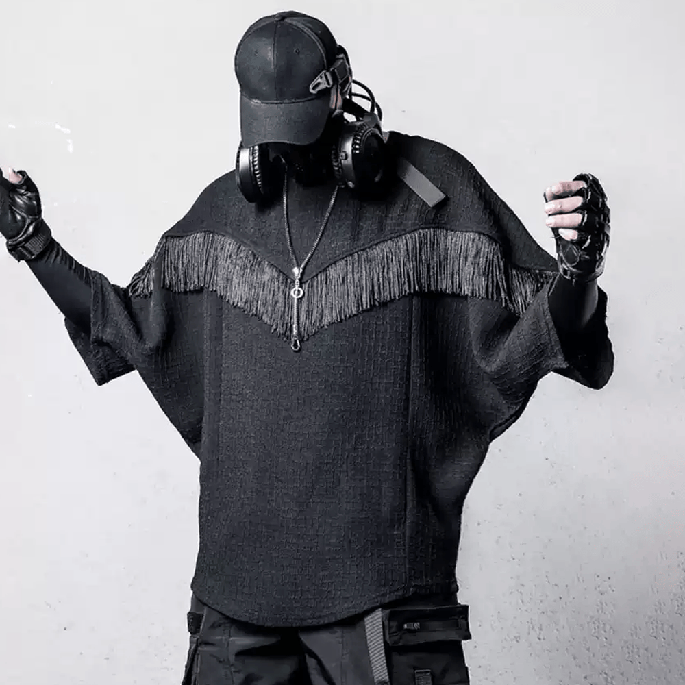 Kobine Men's Techwear Fringe Textured Batwing-Sleeve Top