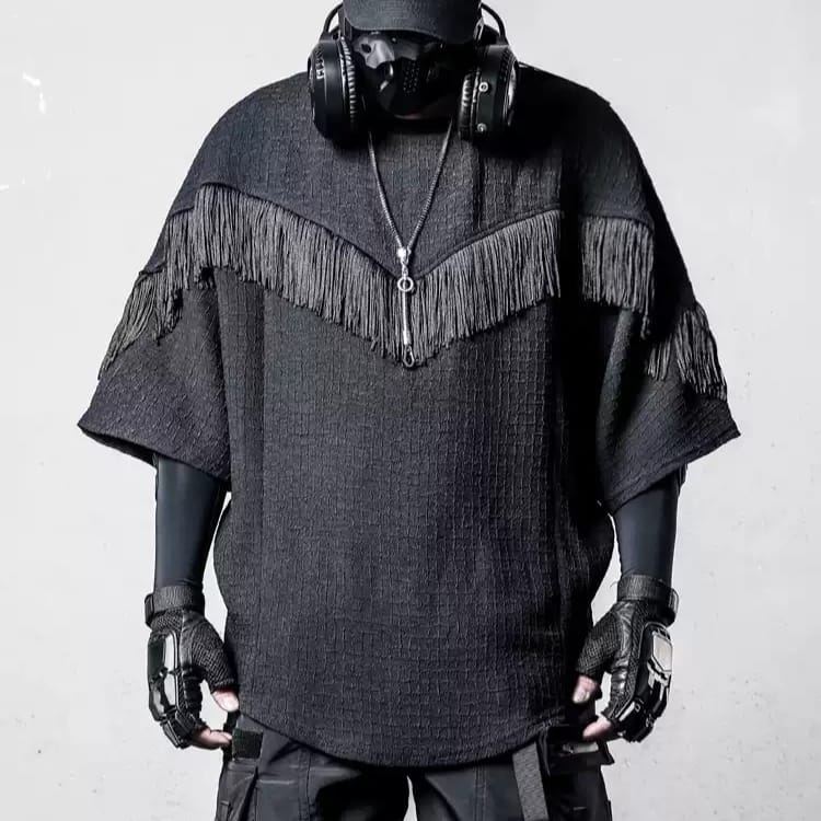Kobine Men's Techwear Fringe Textured Batwing-Sleeve Top