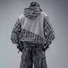 Kobine Men's Techwear Plaid Patchwork Zip Up Hooded Jacket