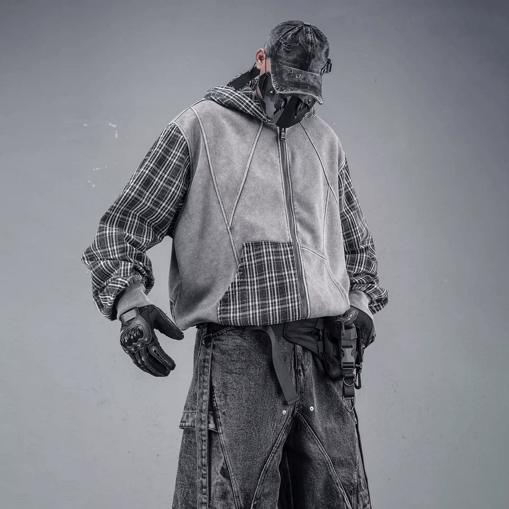Kobine Men's Techwear Plaid Patchwork Zip Up Hooded Jacket
