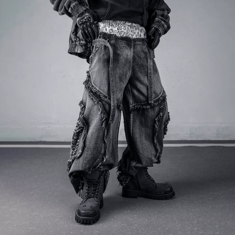 Kobine Men's Techwear Raw Edge Patchwork Wide Leg Pants