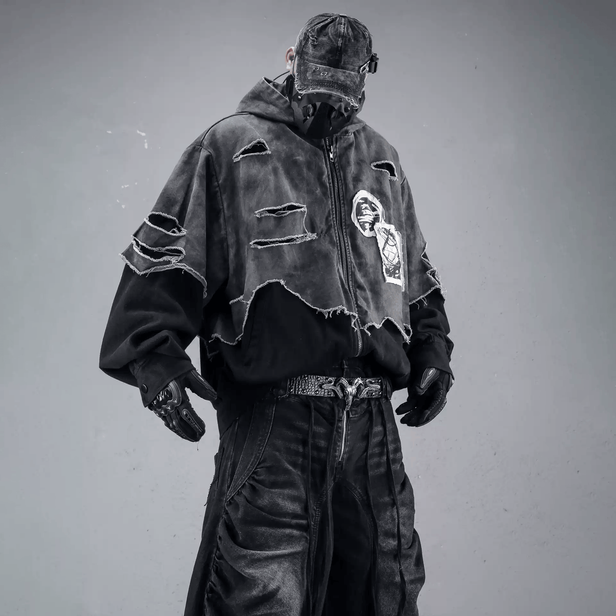Kobine Men's Techwear Ripped Raw Edge Patchwork Hooded Jacket