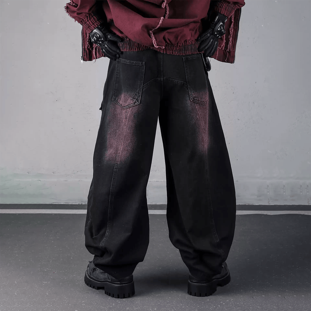 Kobine Men's Techwear Ripped Two‑Tone Wide Leg Denim Cargo Pants