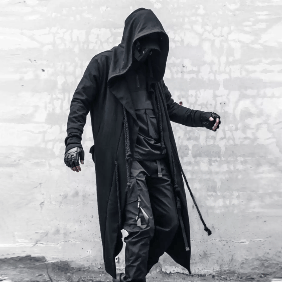 Kobine Men's Techwear Rope Detail Hooded Long Coat