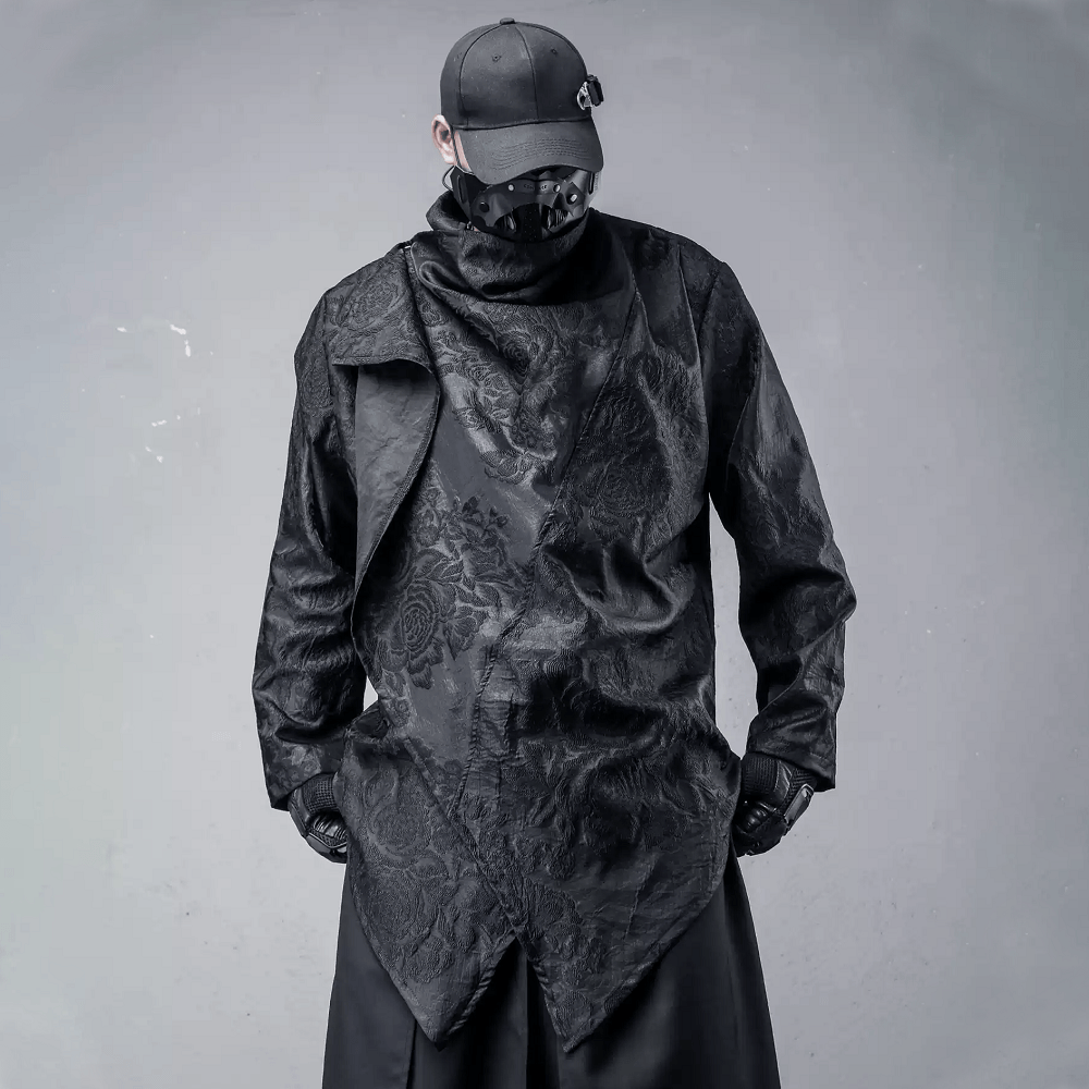 Kobine Men's Techwear Rose Jacquard Snood Collar Asymmetric Coat
