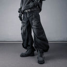 Kobine Men's Techwear Strappy Ruched Wide Leg Denim Cargo Pants