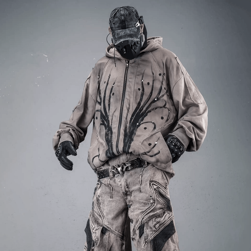 Kobine Men's Techwear Studded Printed Zip-Up Hooded Jacket