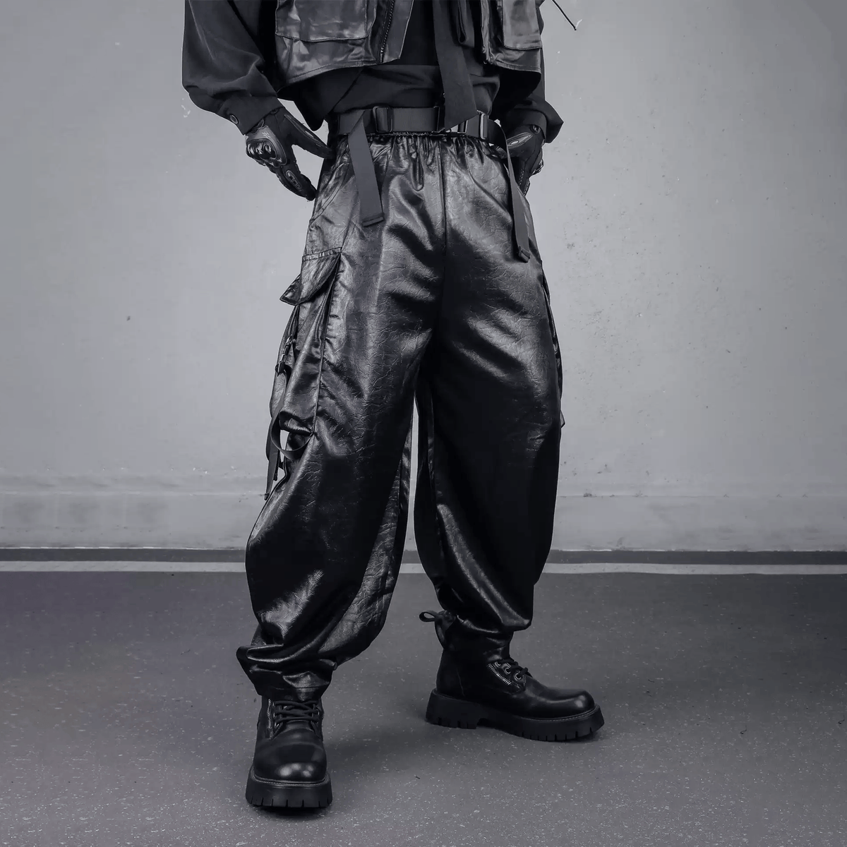 Kobine Men's Techwear Textured Buckle Strap Big Pocket Cargo Pants