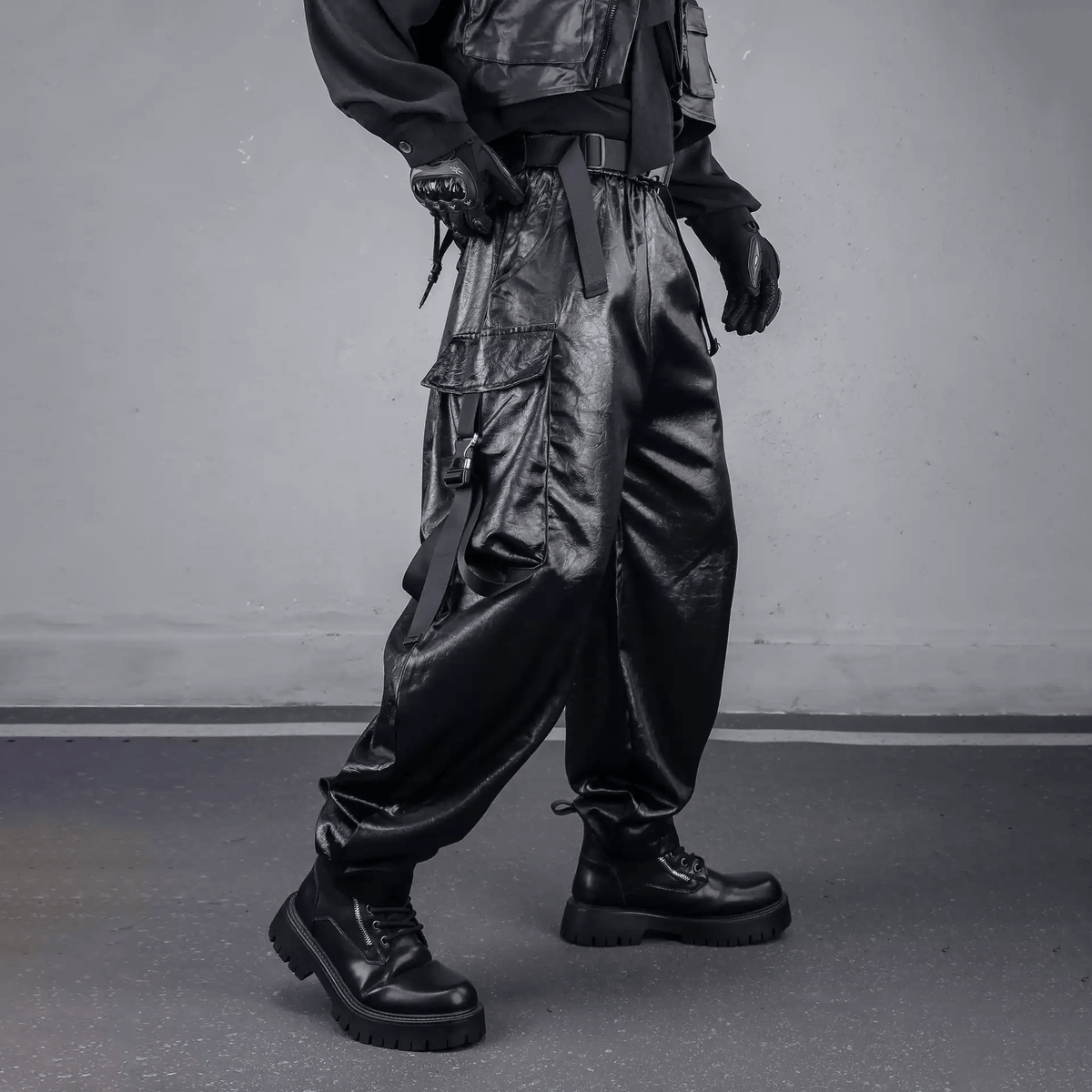 Kobine Men's Techwear Textured Buckle Strap Big Pocket Cargo Pants
