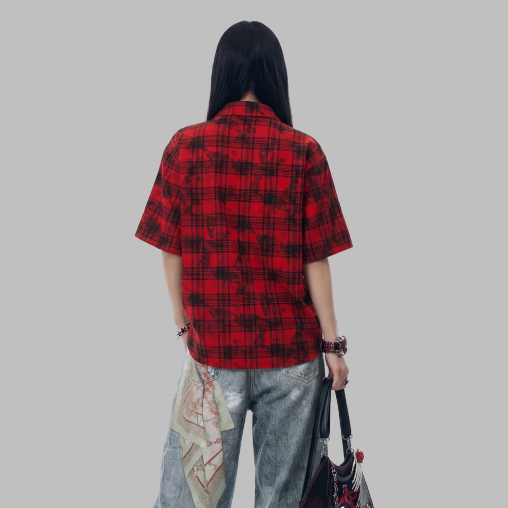 Kobine Unisex Grunge Plaid Print Turn Down Collar Shirt