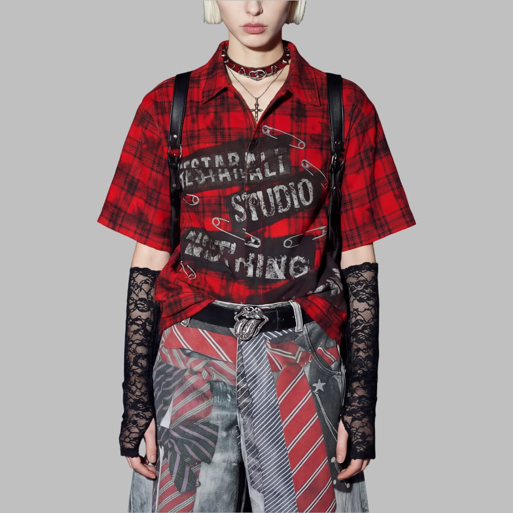 Kobine Unisex Grunge Plaid Print Turn Down Collar Shirt