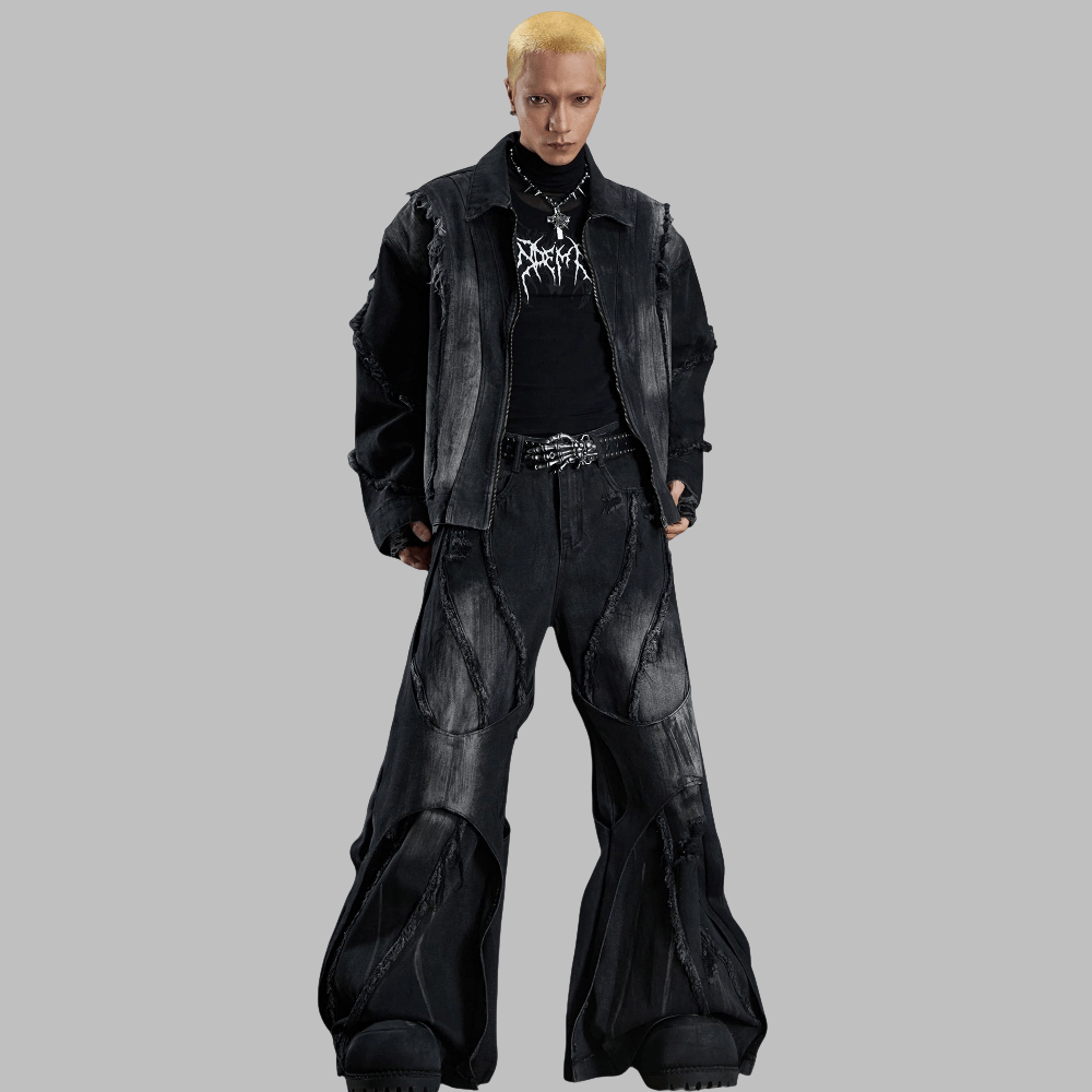 Kobine Unisex Grunge Raw Edge Double Layer Ultra Wide Leg Pants