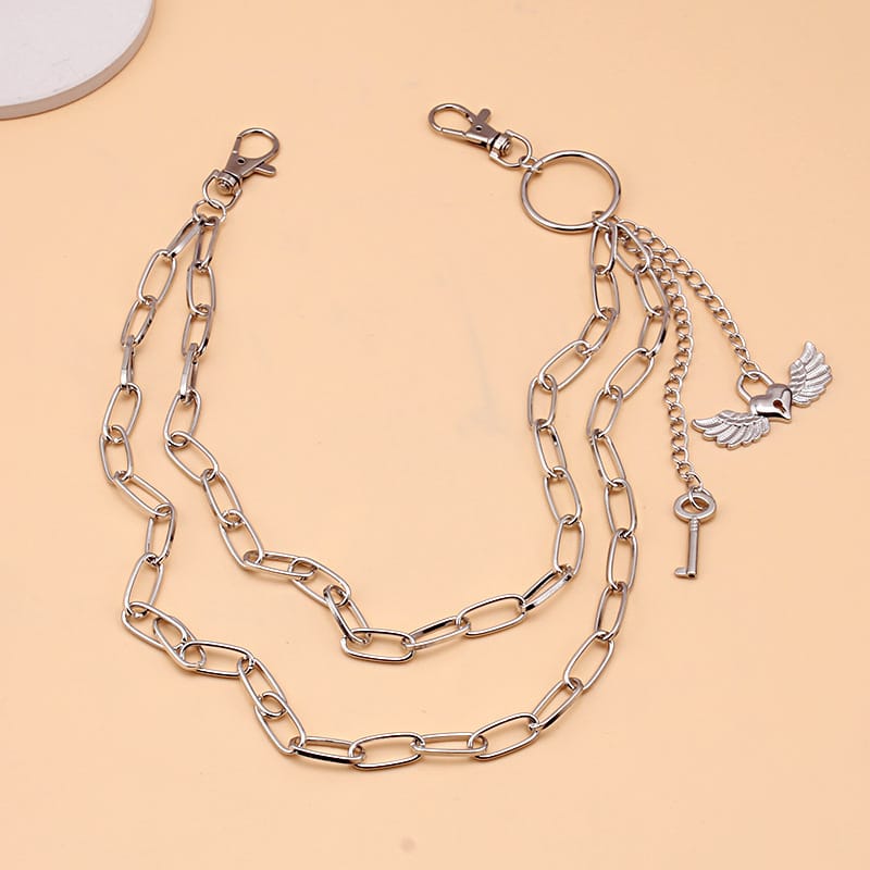 Kobine Unisex Punk Winged Heart Lock & Key Layered Waist Chain