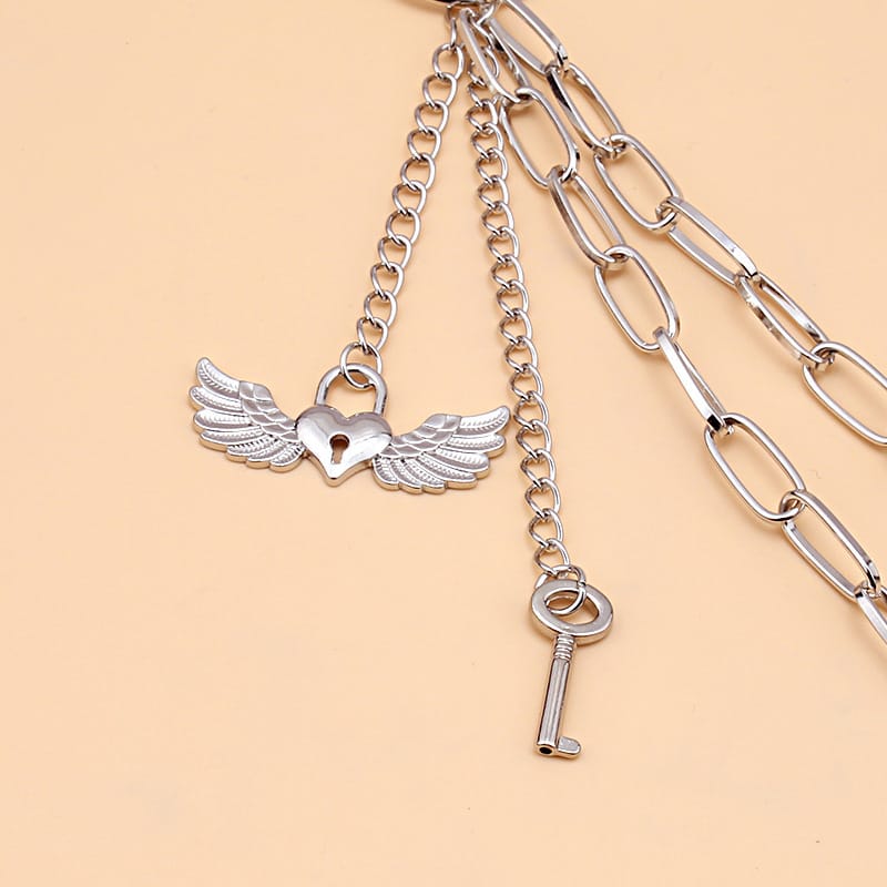 Kobine Unisex Punk Winged Heart Lock & Key Layered Waist Chain