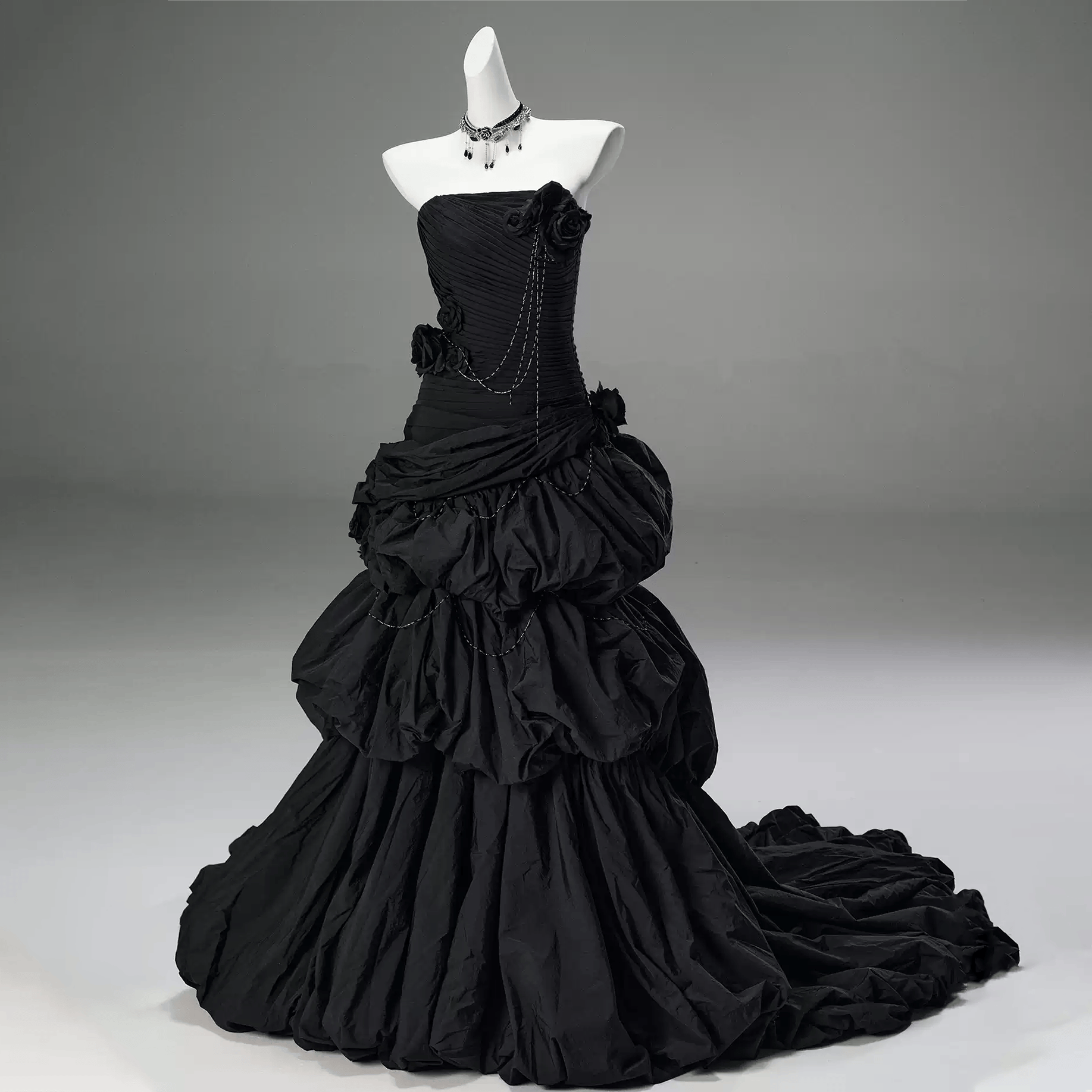 Kobine Women's Custom-made Gothic 3D Rose Chain Tiered Ruched Strapless Ball Gown Graduation Dress