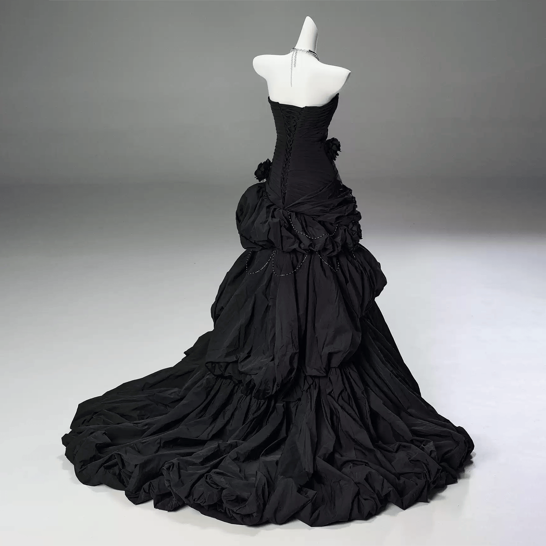 Kobine Women's Custom-made Gothic 3D Rose Chain Tiered Ruched Strapless Ball Gown Graduation Dress