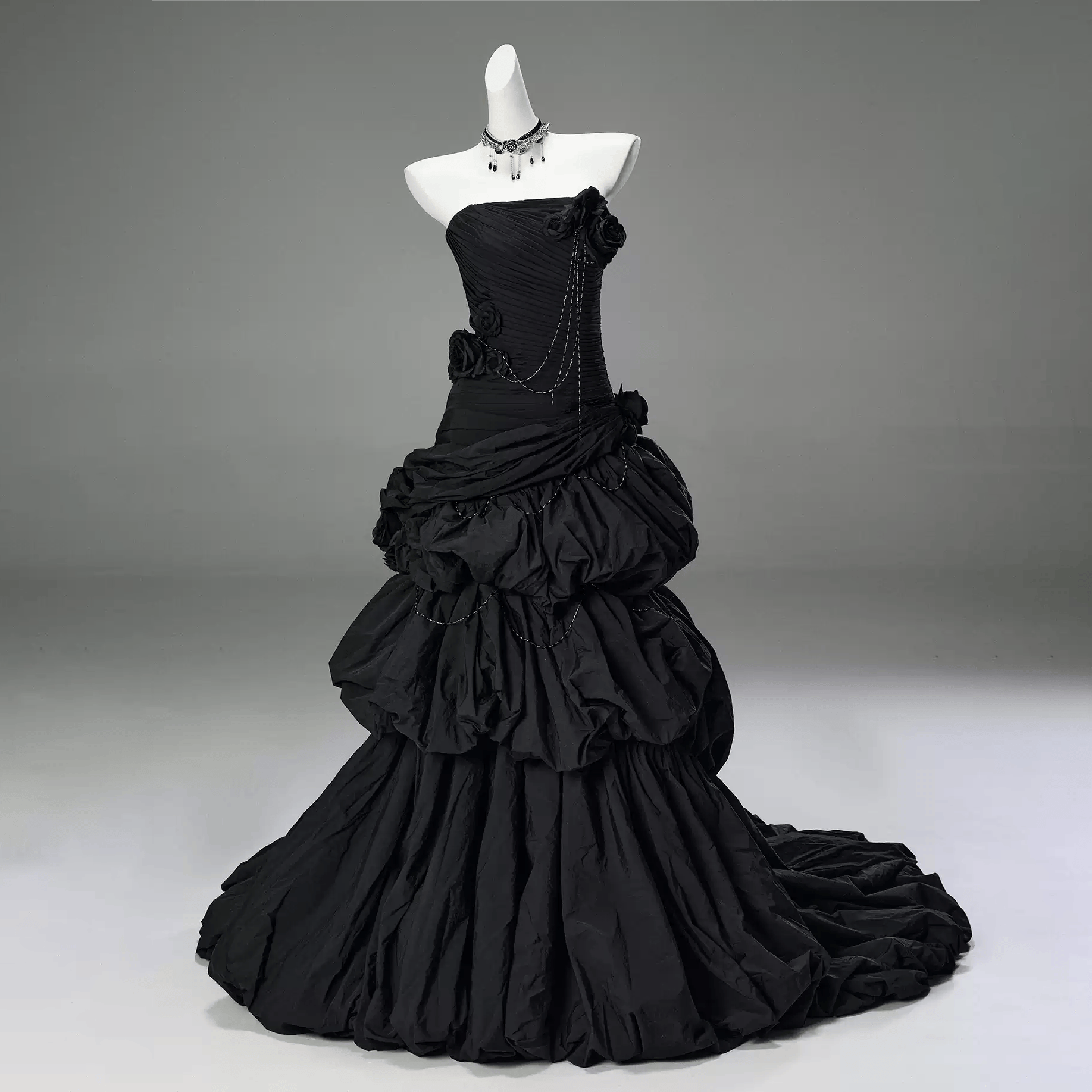 Kobine Women's Custom-made Gothic 3D Rose Chain Tiered Ruched Strapless Ball Gown Graduation Dress