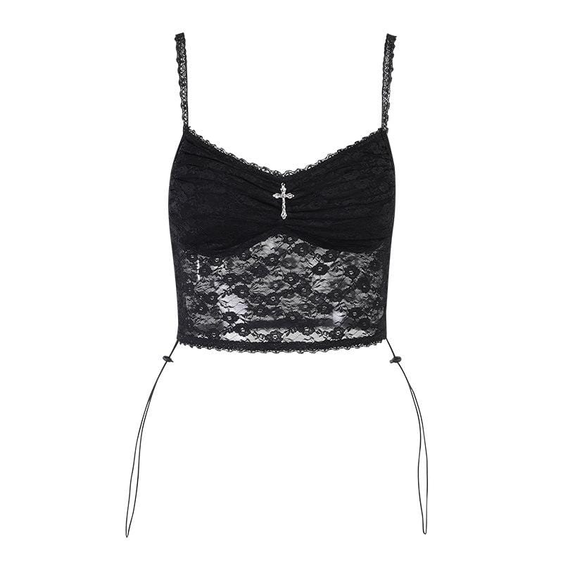 Kobine Women's Goth Cross Black Lace Crop Tops