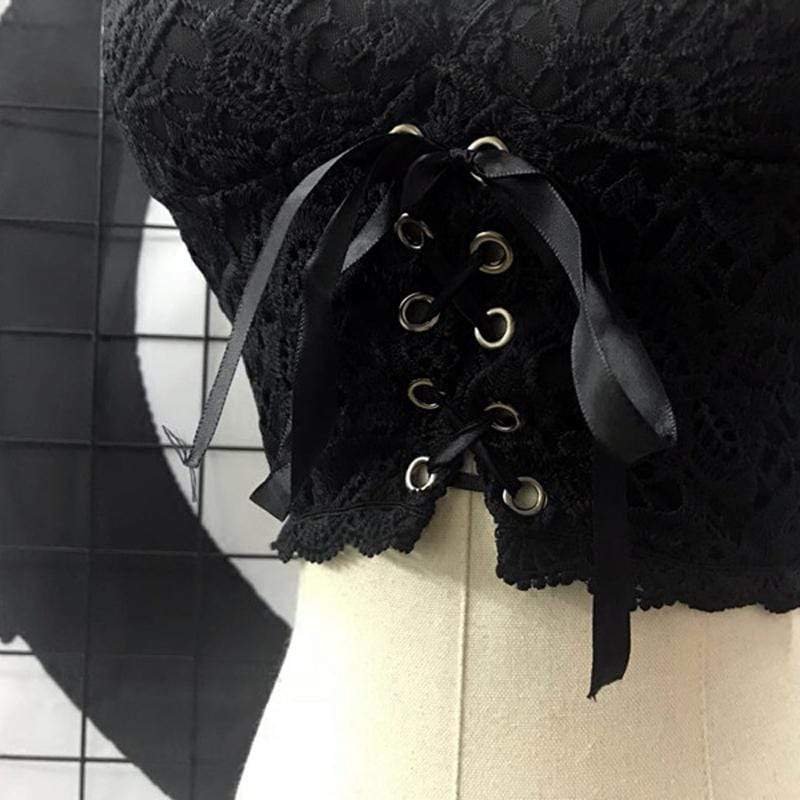Kobine Women's Goth Embroidery V-Neck Black Crop Top