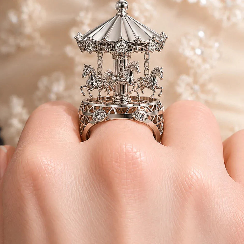 Kobine Women's Gothic 3D Rhinestone Carousel Open Band Ring
