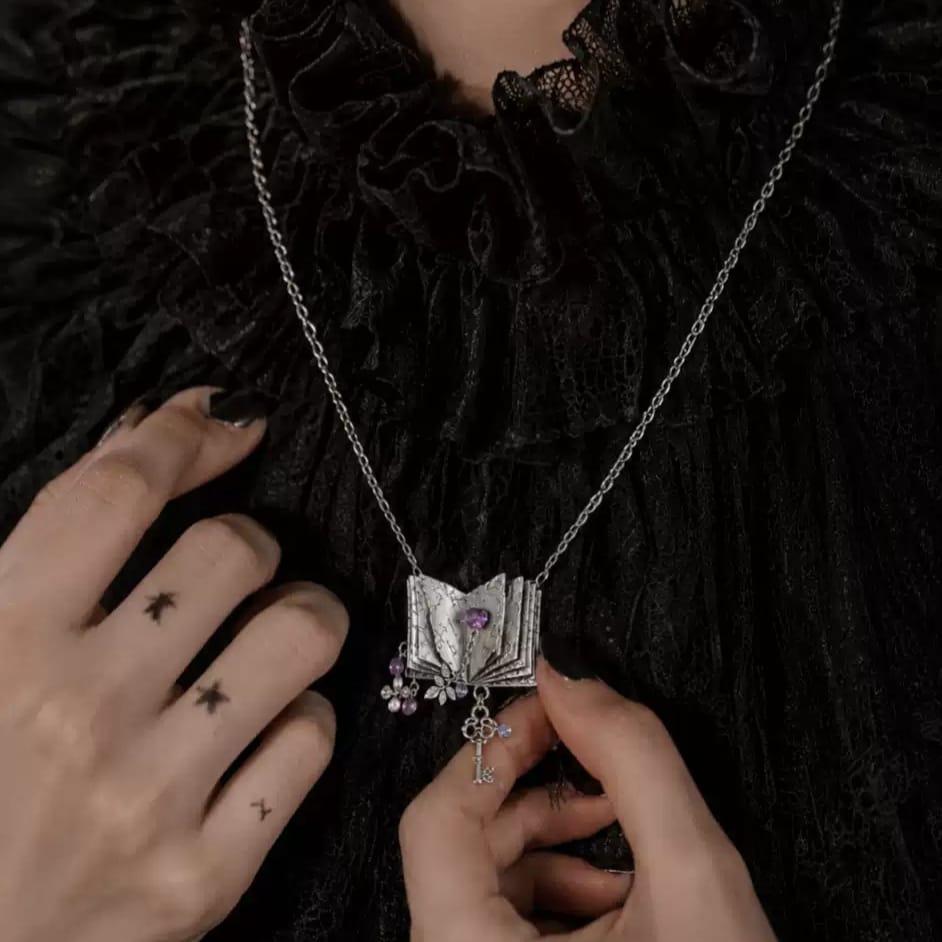 Kobine Women's Gothic 3D Rhinestone Key Floral Open‑Book Pendant Necklace