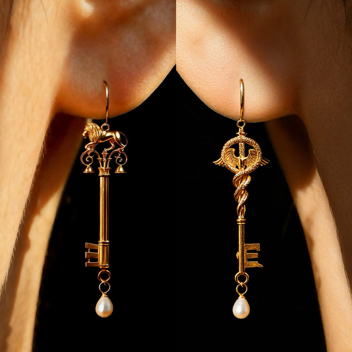 Kobine Women's Gothic Asymmetric Pearl Key Drop Hook Earrings