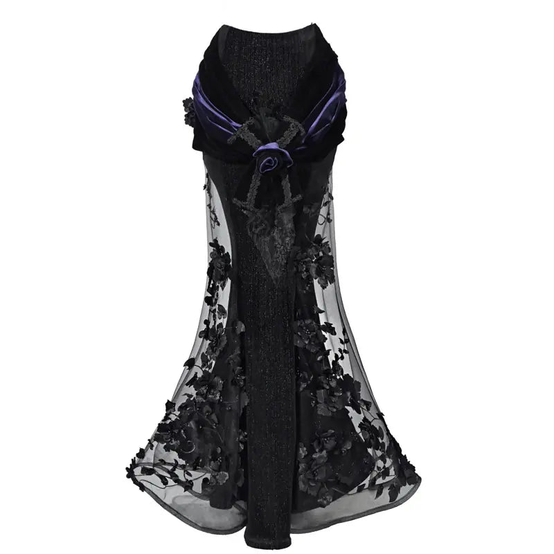 Kobine Women's Gothic Beaded Floral Two‑Tone Mermaid Long Skirt