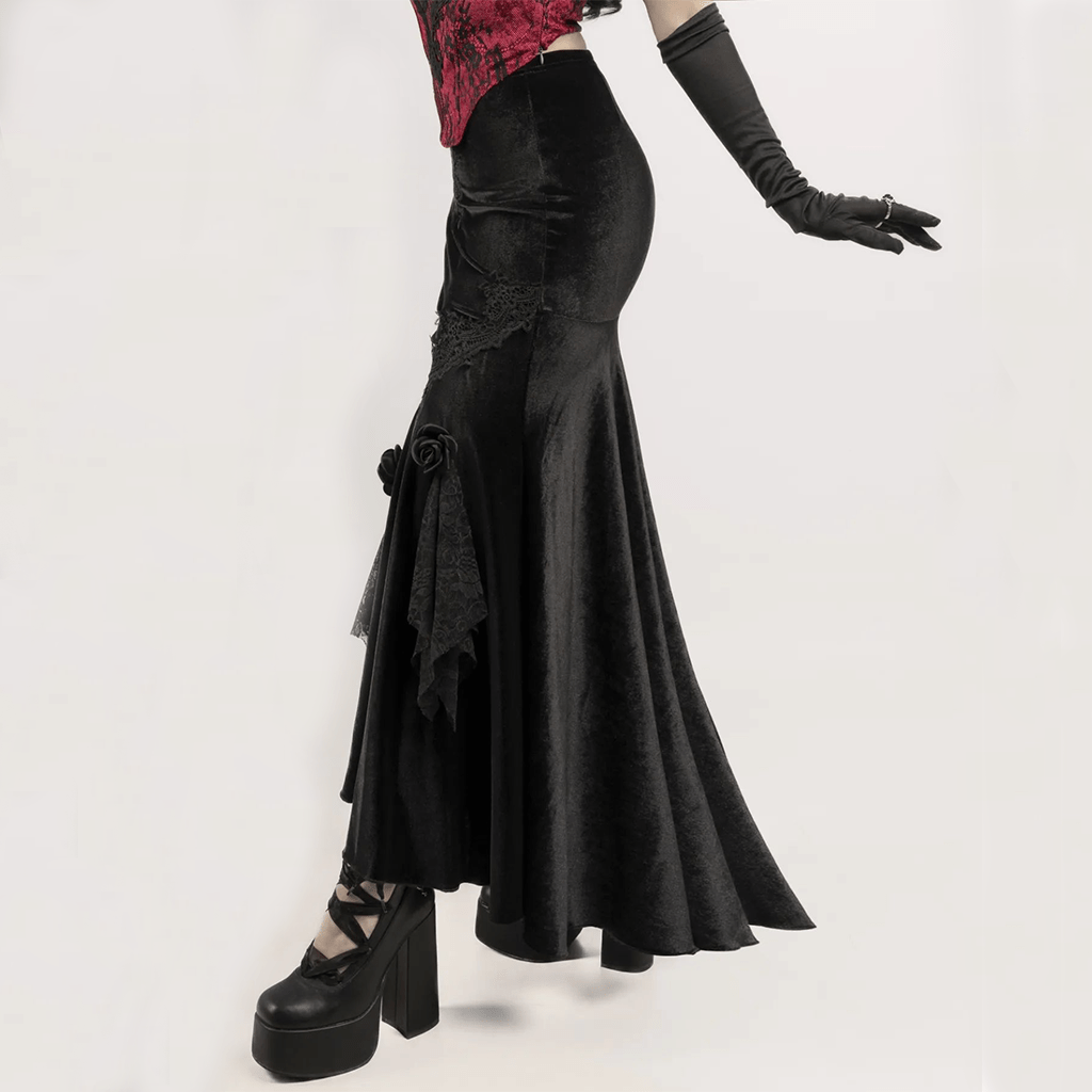 Kobine Women's Gothic Black Rose Embroidered Fishtail Maxi Skirt