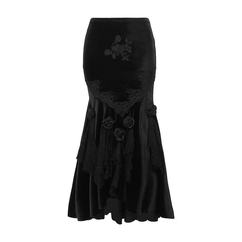 Kobine Women's Gothic Black Rose Embroidered Fishtail Maxi Skirt