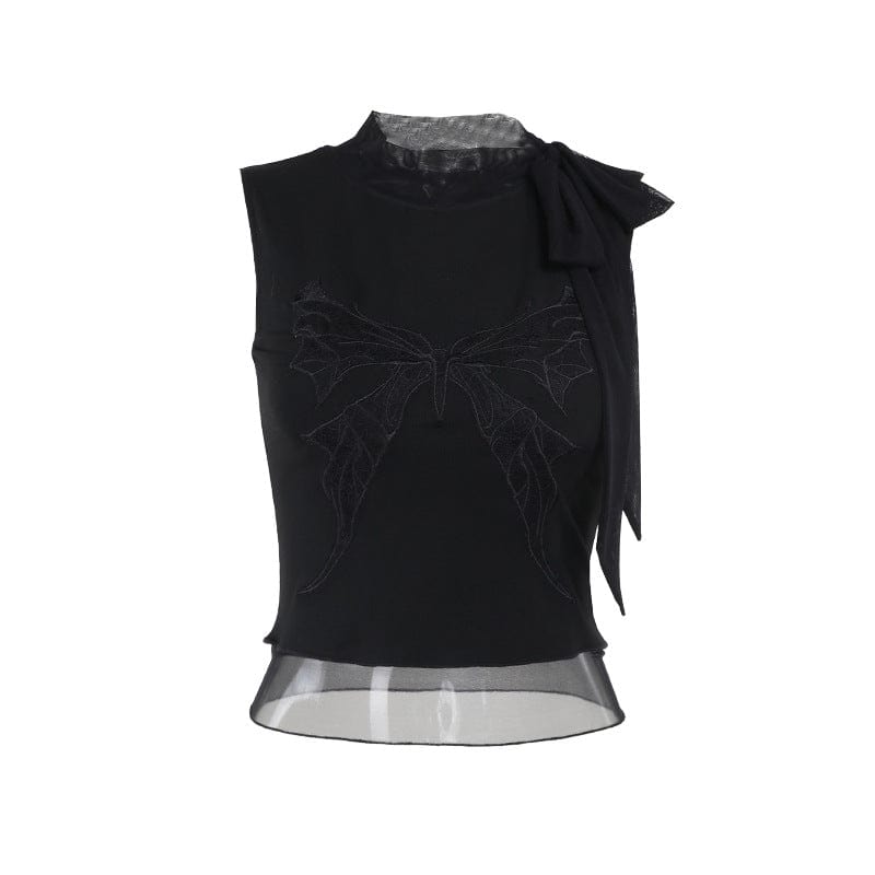 Kobine Women's Gothic Butterfly Embroidered Lace-up Tank Top